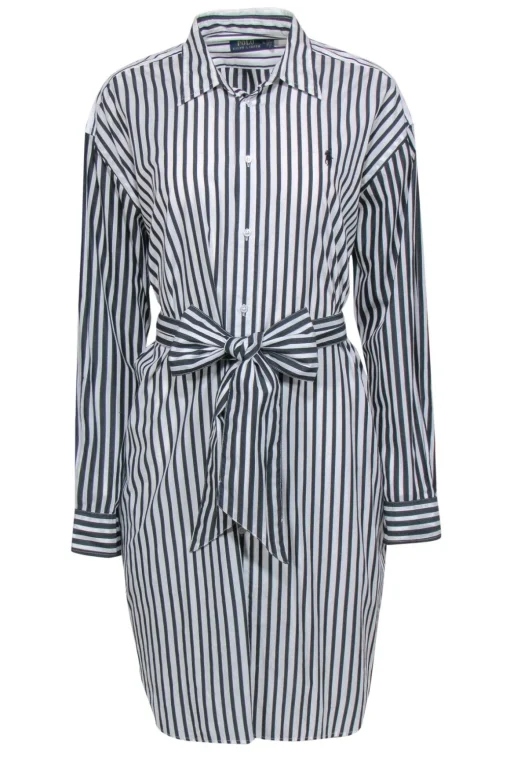 Polo Ralph Lauren - White & Black Striped Belted Shirtdress Sz 14