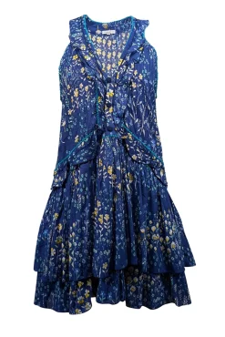 Poupette St Barth - Blue w/ Multicolor Floral Print Ruffled Mini Dress Sz S