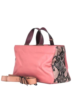 Pour La Victoire - Pink Leather Convertible Satchel w/ Snakeskin, Maroon & Beige Trim