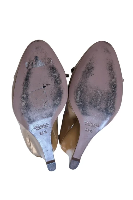 Prada - Beige Patent Textured Leather Bow Toe Wedge Heels Sz 6.5
