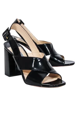 Prada - Black Leather Vernice Crisscross Slingback Sandal Sz 9