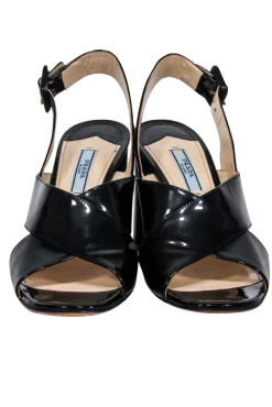 Prada - Black Leather Vernice Crisscross Slingback Sandal Sz 9