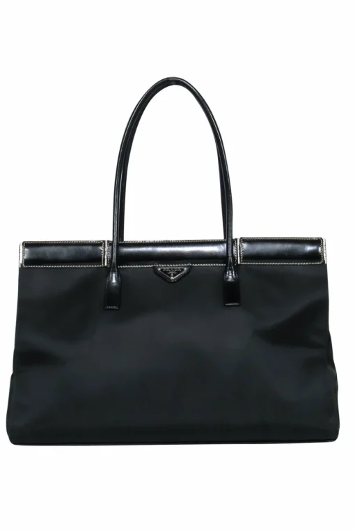 Prada - Black Nylon & Leather Hinge-Style Tote Bag