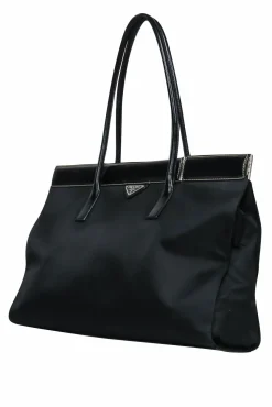 Prada - Black Nylon & Leather Hinge-Style Tote Bag