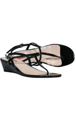 Prada - Black Patent Leather T-Strap Wedge Sandals w/ Ankle Strap Sz 6.5