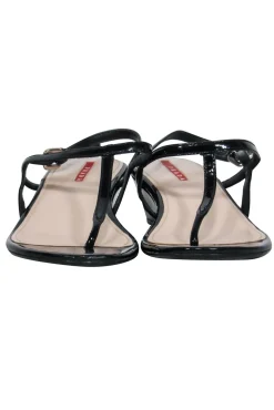 Prada - Black Patent Leather T-Strap Wedge Sandals w/ Ankle Strap Sz 6.5