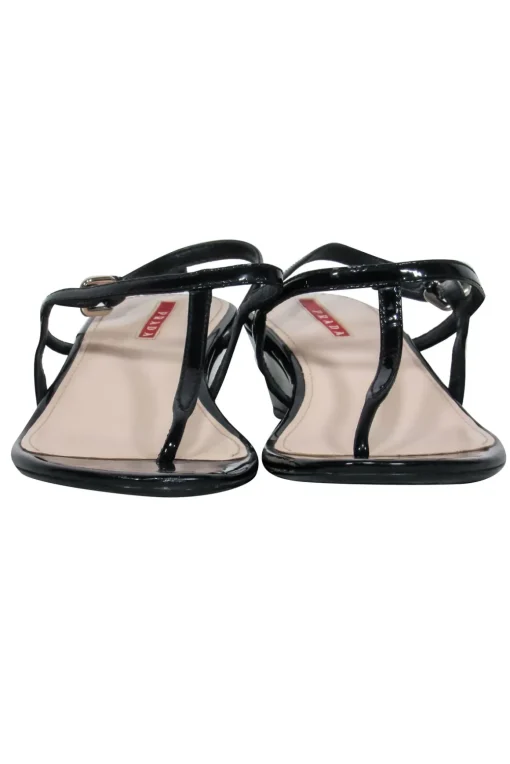 Prada - Black Patent Leather T-Strap Wedge Sandals w/ Ankle Strap Sz 6.5