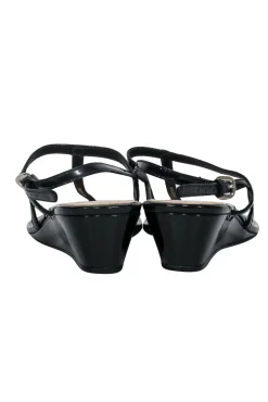Prada - Black Patent Leather T-Strap Wedge Sandals w/ Ankle Strap Sz 6.5