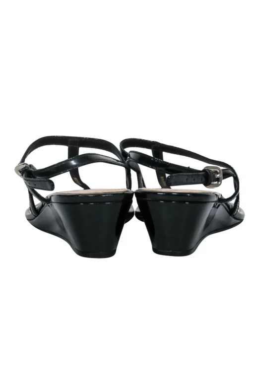 Prada - Black Patent Leather T-Strap Wedge Sandals w/ Ankle Strap Sz 6.5