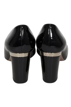 Prada - Black Patent Leather Block Heel Gold Toe Pumps Sz 7