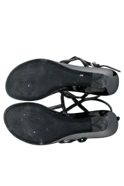 Prada - Black Patent Leather T-Strap Wedge Sandals w/ Ankle Strap Sz 6.5