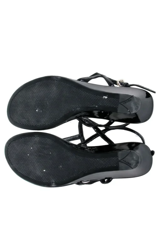 Prada - Black Patent Leather T-Strap Wedge Sandals w/ Ankle Strap Sz 6.5