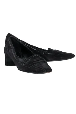 Prada - Black Suede Block Heel Loafers w/ Eyelet Lace-Up Trim Sz 9.5