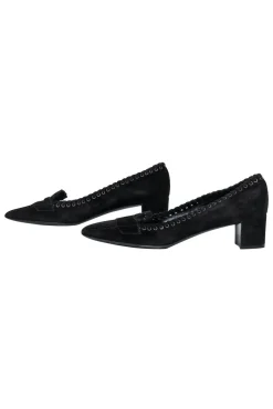 Prada - Black Suede Block Heel Loafers w/ Eyelet Lace-Up Trim Sz 9.5