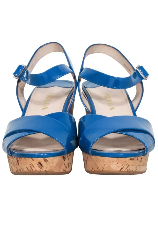 Prada - Blue Patent Leather Cork Wedges Sz 9