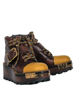 Prada - Brown Leather w/ Mustard Toe Cap Platform Boots Sz 9