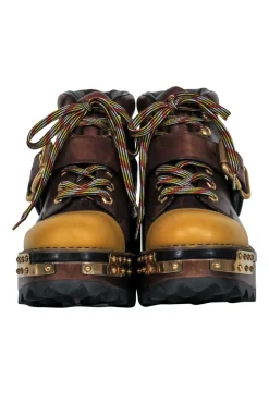 Prada - Brown Leather w/ Mustard Toe Cap Platform Boots Sz 9