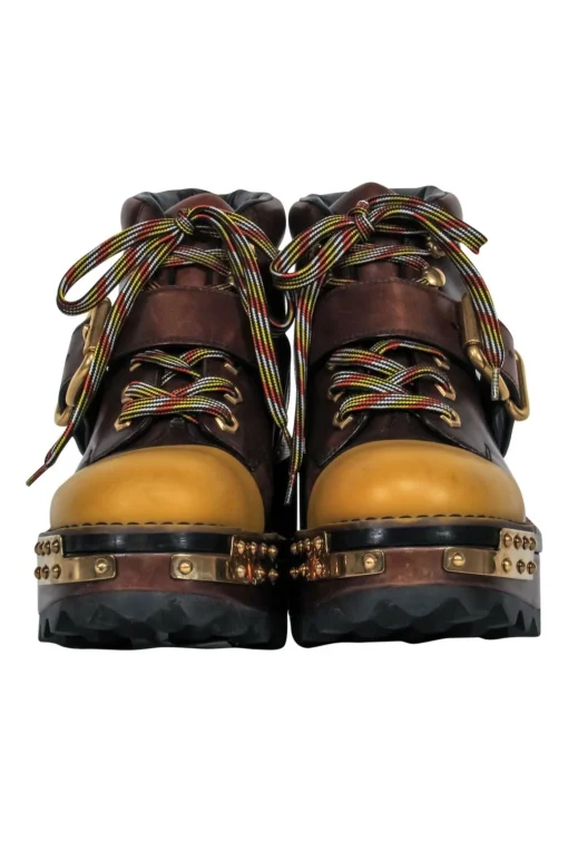 Prada - Brown Leather w/ Mustard Toe Cap Platform Boots Sz 9