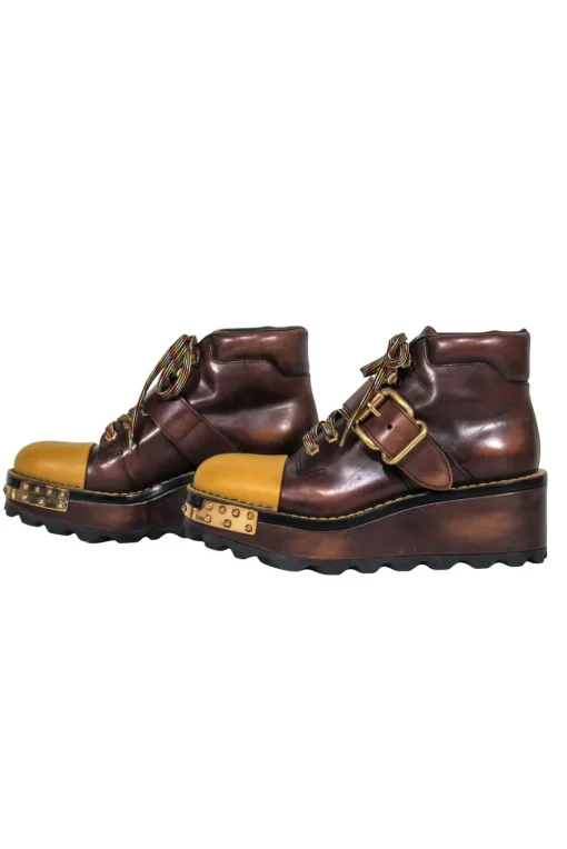 Prada - Brown Leather w/ Mustard Toe Cap Platform Boots Sz 9