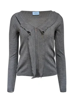 Prada - Grey Silk Cashmere Blend Zipper Front Sweater Sz 2