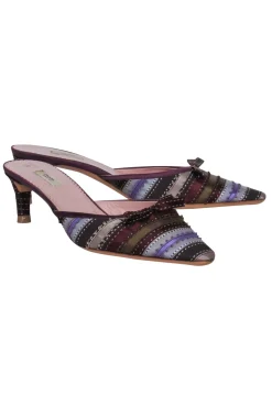 Prada - Purple Satin Ribbon Striped Kitten Heel Mules Sz 8