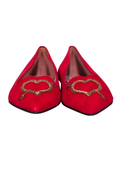 Pretty Loafers - Red Pointed Toe Heart Embroidered Flats Sz 12
