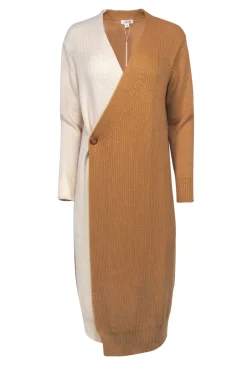 Prima - Camel & Ivory Two-Toned Wrap Maxi Sweater Dress Sz S