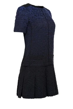 Proenza Schouler - Black & Blue Boucle Short Sleeve Drop Waist Sheath Dress Sz 4