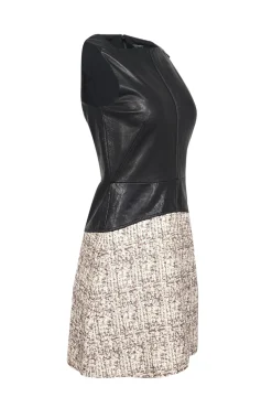 Proenza Schouler - Black Leather A-Line Dress w/ Pink & Cream Tweed Skirt Sz 4