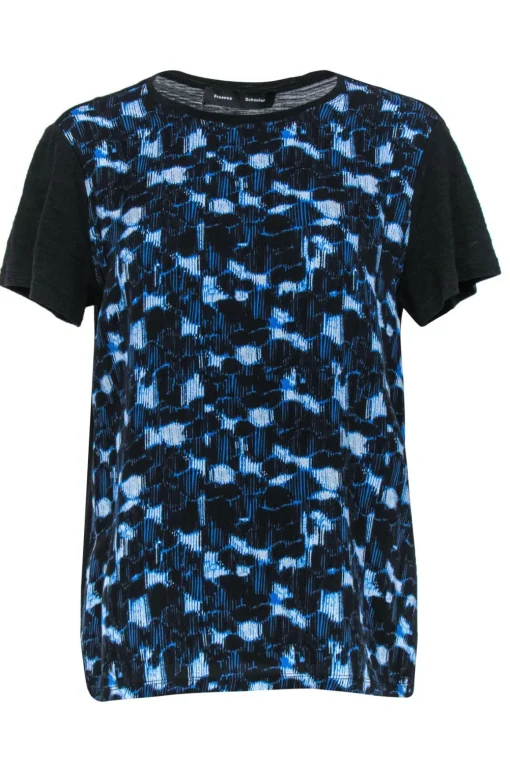 Proenza Schouler - Blue & Black Patterned Silk & Cotton T-Shirt Sz XS