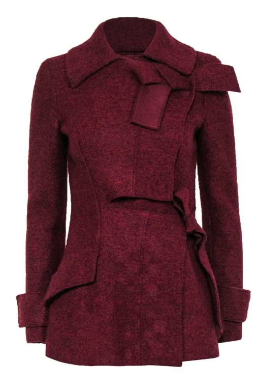 Proenza Schouler - Maroon Double Breasted Snap Button-Up Wool Peacoat w/ Wrap Tie Sz 2