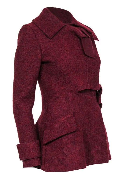 Proenza Schouler - Maroon Double Breasted Snap Button-Up Wool Peacoat w/ Wrap Tie Sz 2