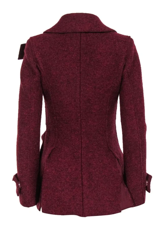 Proenza Schouler - Maroon Double Breasted Snap Button-Up Wool Peacoat w/ Wrap Tie Sz 2