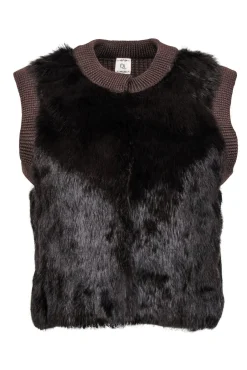 Qi - Brown Rabbit Fur Knit Vest Sz S
