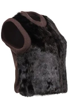 Qi - Brown Rabbit Fur Knit Vest Sz S