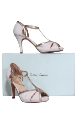 Rachel Simpson - White Suede T-Strap Pumps w/ Silver & Rose Gold Leather Trim Sz 6