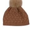 Raffaello Bettini - Light Brown Cashmere Cable Knit Beanie w/ Fox Fur Pompom