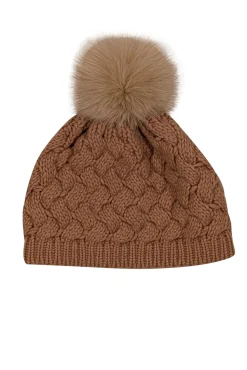 Raffaello Bettini - Light Brown Cashmere Cable Knit Beanie w/ Fox Fur Pompom
