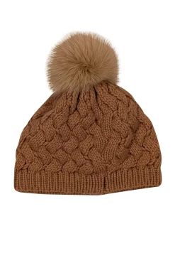 Raffaello Bettini - Light Brown Cashmere Cable Knit Beanie w/ Fox Fur Pompom