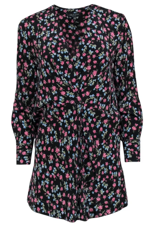 Rag & Bone - Black & Multicolor Floral Faux Wrap Silk "Shields" Dress Sz XXS