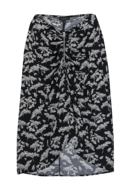 Rag & Bone - Black & White Leaf Print Ruched "Sabeen" Midi Skirt Sz S