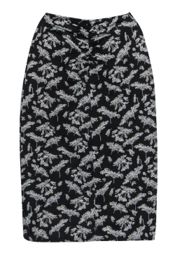 Rag & Bone - Black & White Leaf Print Ruched "Sabeen" Midi Skirt Sz S
