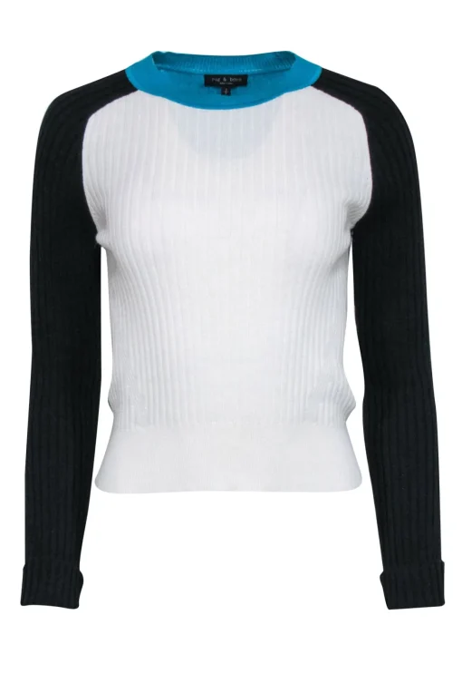 Rag & Bone - Ivory, Teal, & Black Colorblock "Navaya" Crewneck Sweater Sz S