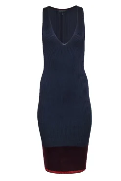 Rag & Bone - Navy, Maroon & Orange Colorblocked Ribbed Midi Dress Sz S