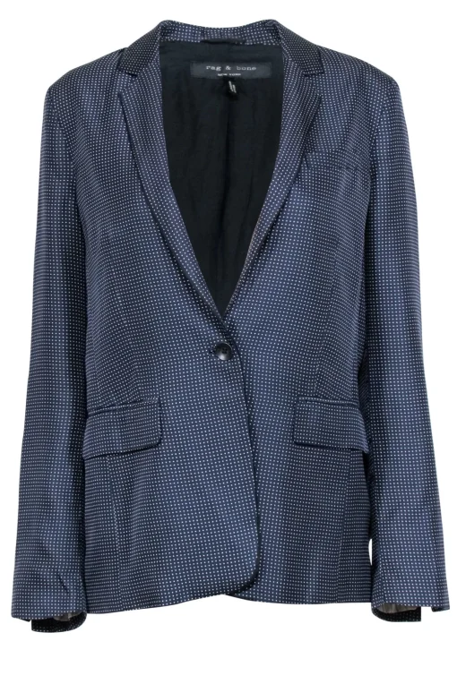 Rag & Bone - Navy w/ White Micro Dot Print Silk Blazer Sz 8