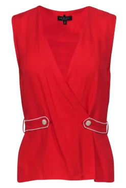 Rag & Bone - Red Textured Wrap Tank w/ Buttons & White Piping Sz S