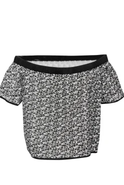 Rag & Bone - White & Black Textured Floral Print Short Sleeve Off-the-Shoulder 