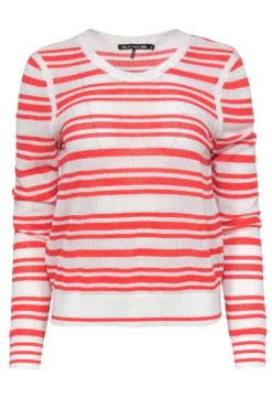 Rag & Bone - White & Coral Striped Eyelet Knit Cotton Sweater Sz L
