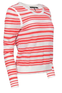Rag & Bone - White & Coral Striped Eyelet Knit Cotton Sweater Sz L