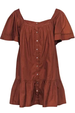 Rahi - Burnt Orange Button-Up Shift Dress w/ Floral Lace Trim & Peplum Hem Sz M